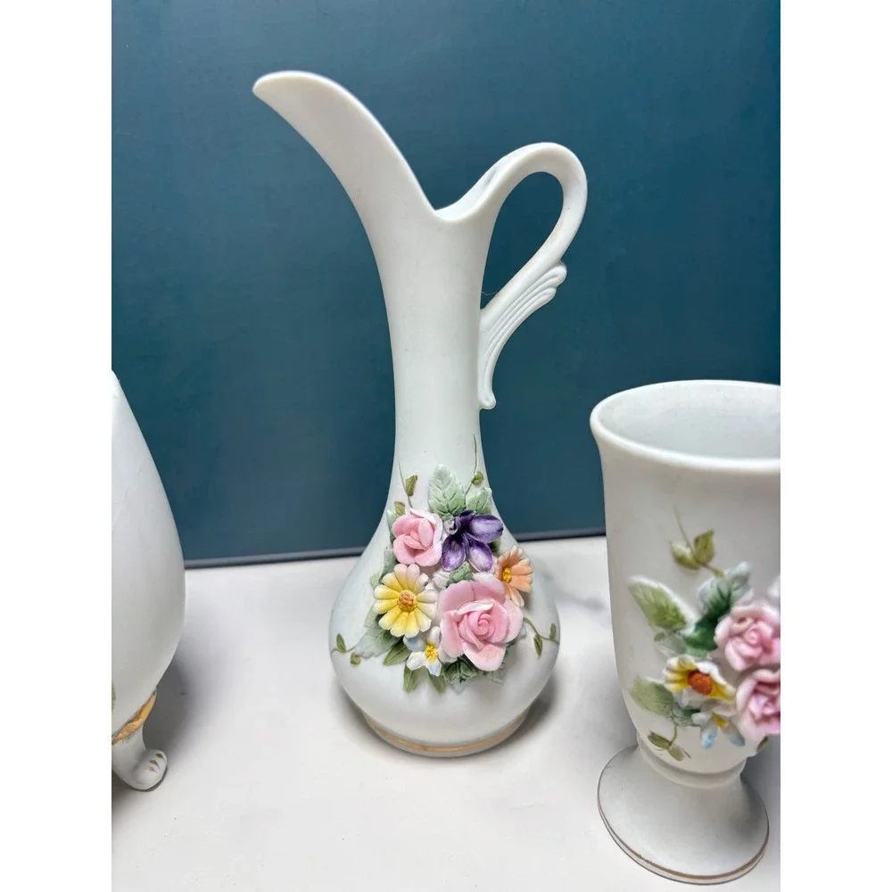 Lefton Japan Vintage Matte White Porcelain 3D Floral Bud Vase Planter Set 5pc